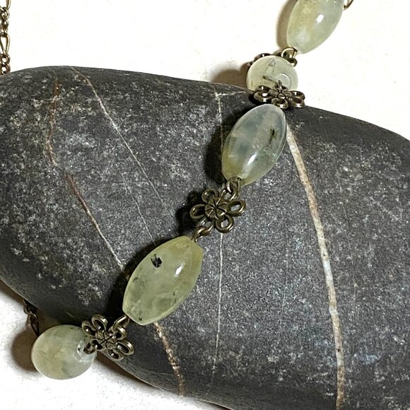 Natural Green Prehnite Necklace, Genuine Gemstones & Bronze Flower Chain - Picture 5 of 12